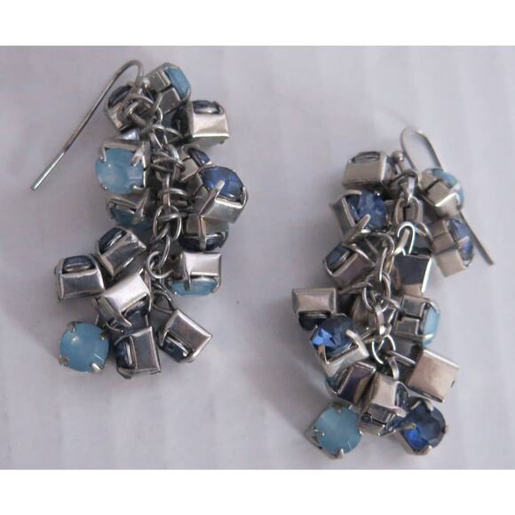 PIERCED EARRINGS Long Dangle Drop Cluster Blues Silver Sparkle Boho Jewelry - Picture 1 of 8